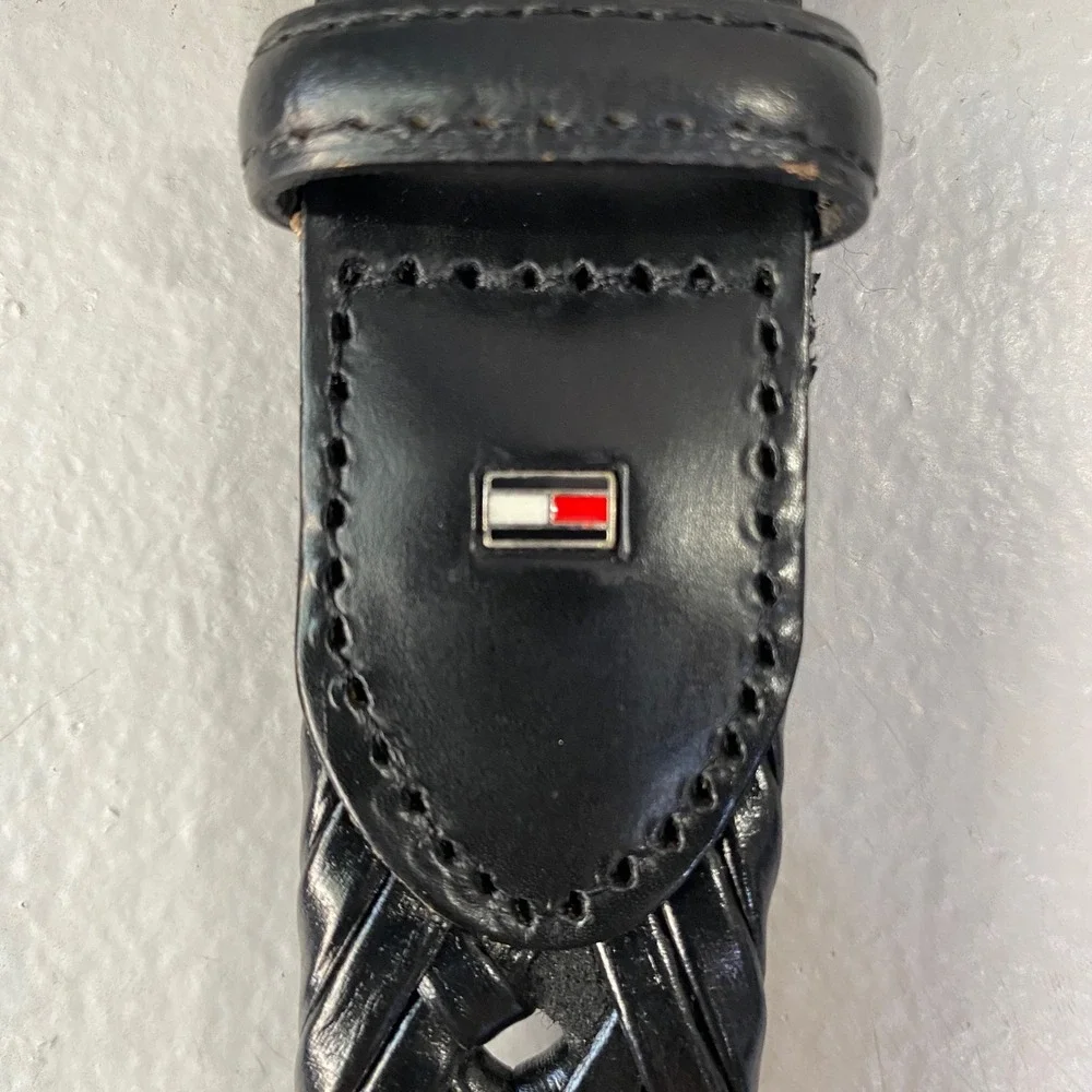 Tommy Hilfiger Mens Braided Woven Leather Trim Belt Black TKBC 40/100